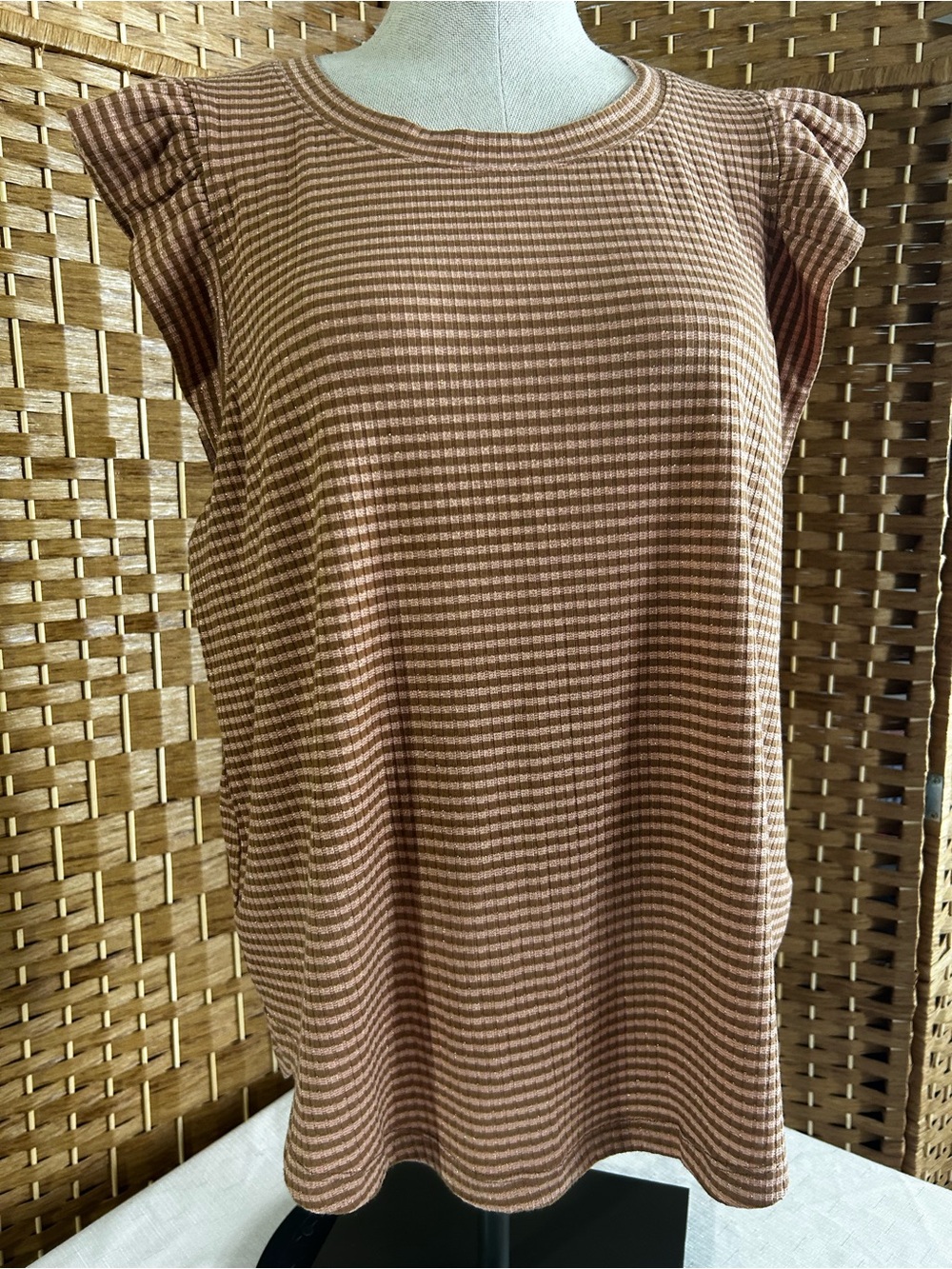 Democracy Pink Taupe Metallic Gingham Flutter Sleeve Top XL